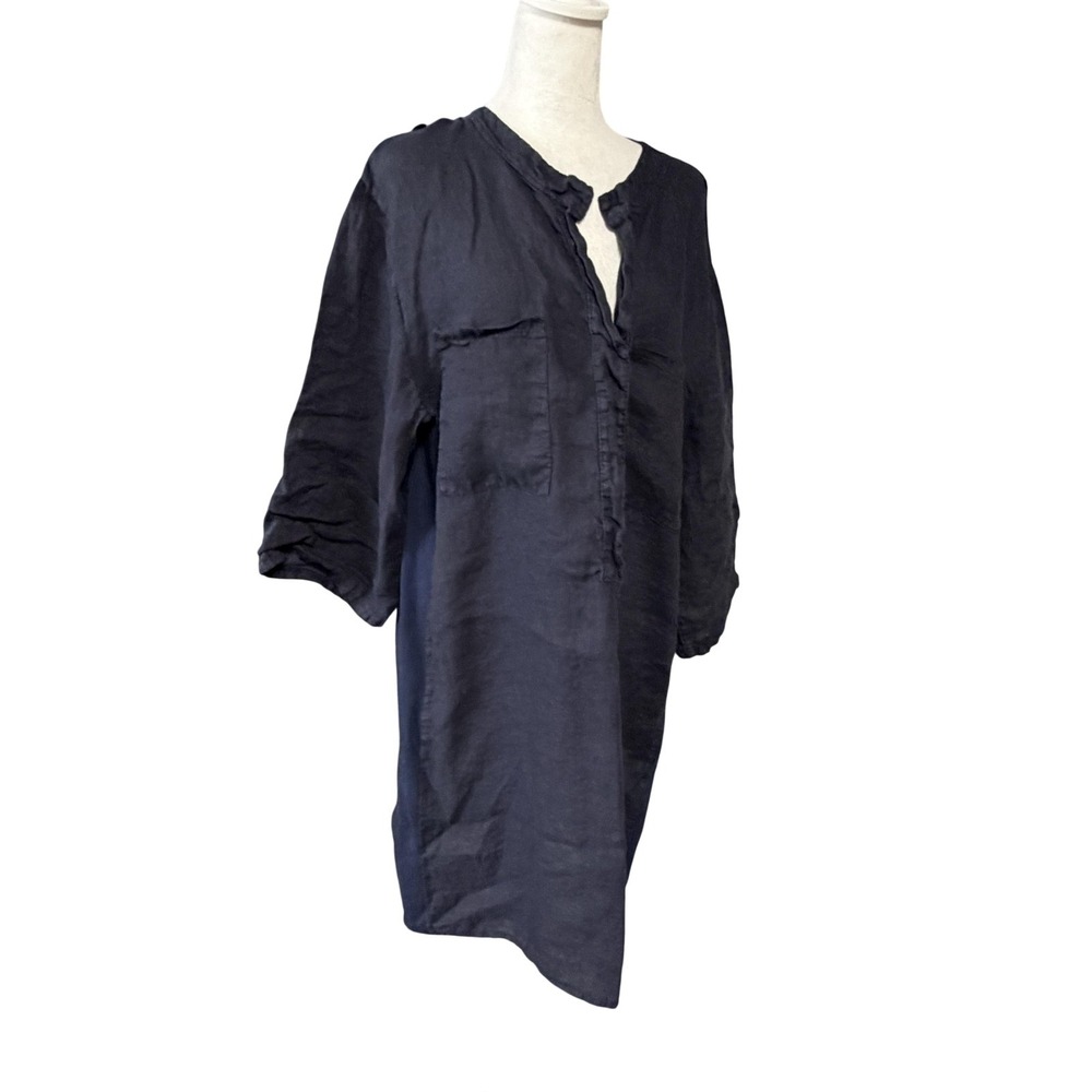 Pistache Linen Dress L/XL Blue Shift Shirt Dress Roll Tab Sleeve Italy Pockets